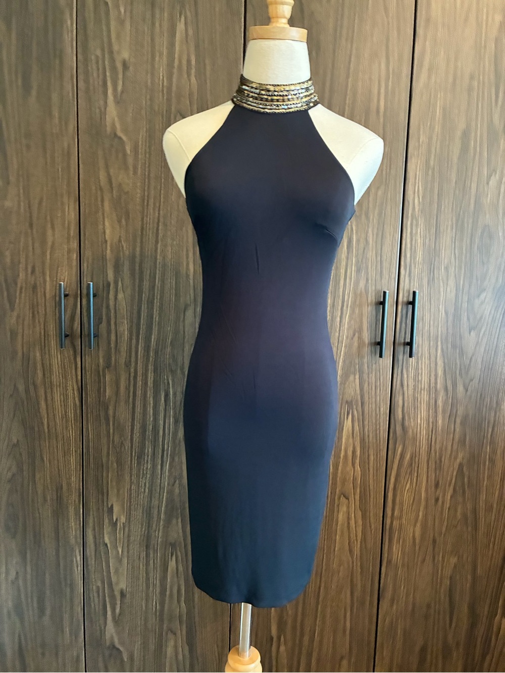 Bebe Sleeveless Halter Bodycon Dress with Embellished Neck - Black